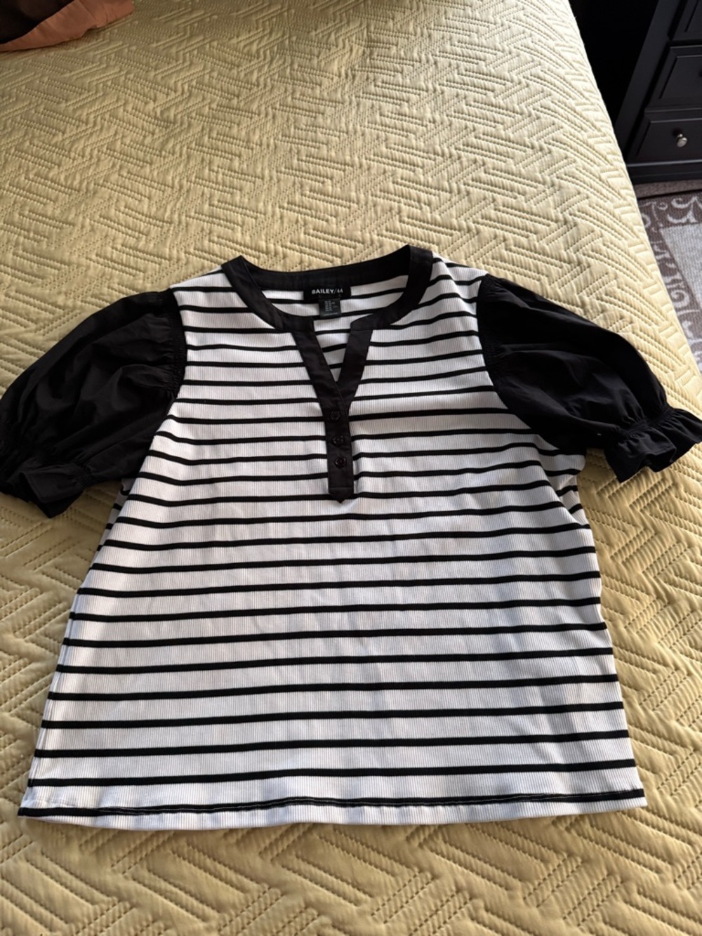 Bailey 44 Black and White Striped Puff Sleeve Henley Top - Picture 6 of 7